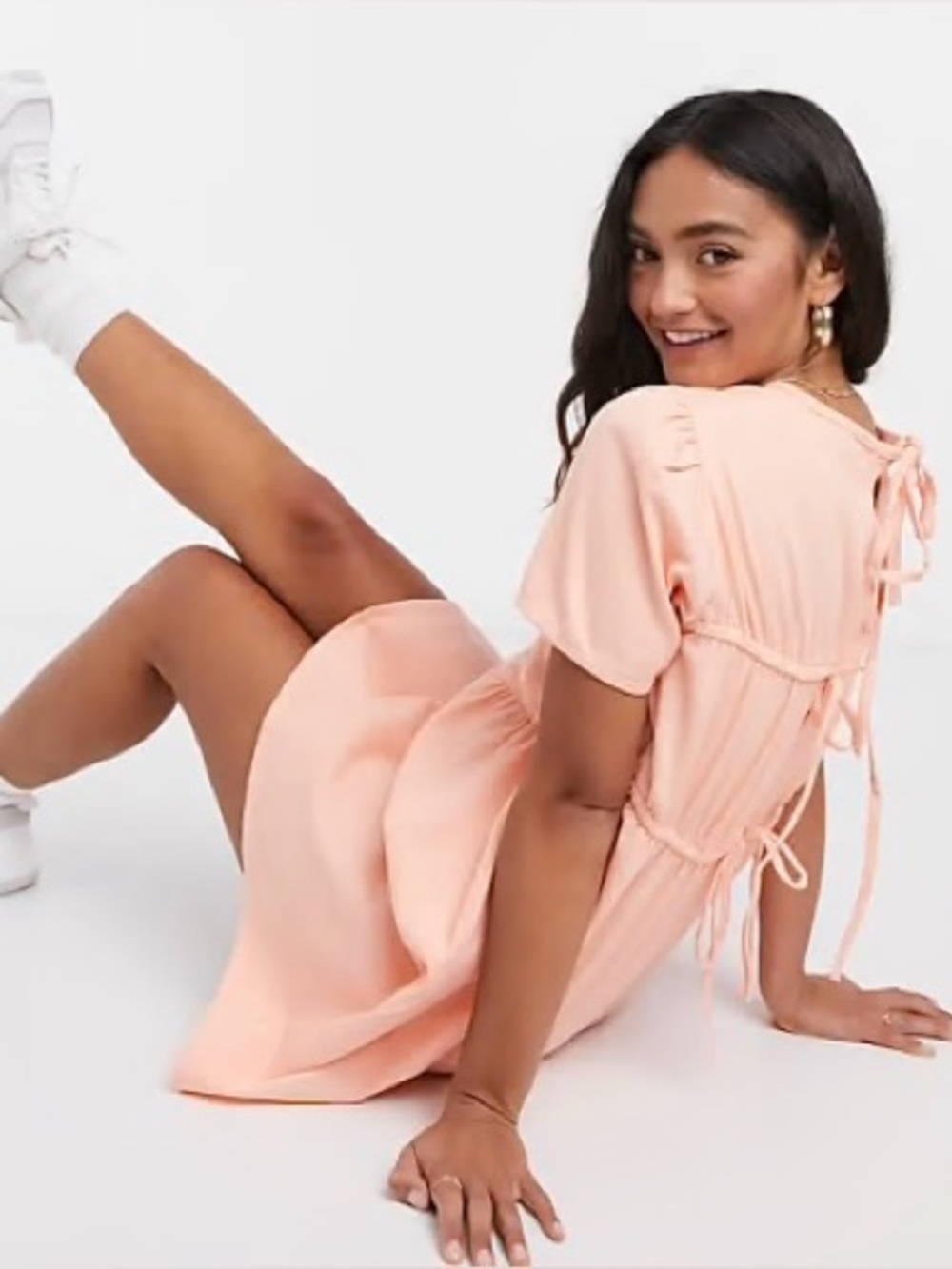 ASOS Design Babydoll Denim Plus Size Smock Pink Dress Coral Peach Open Tie Back